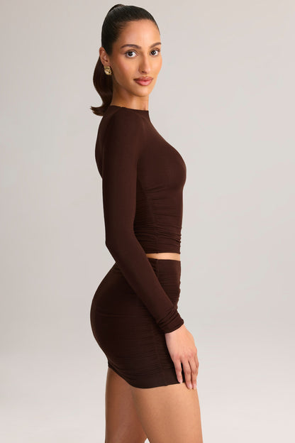 Modal Ruched Mid-Rise Mini Skirt in Chocolate Brown