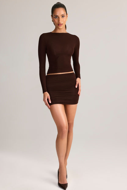 Modal Ruched Mid-Rise Mini Skirt in Chocolate Brown