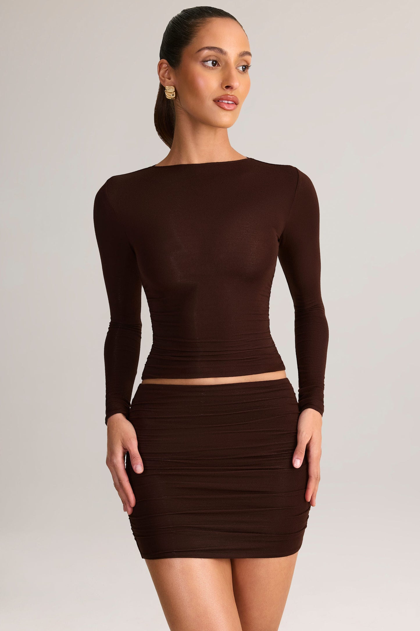 Modal Ruched Mid-Rise Mini Skirt in Chocolate Brown