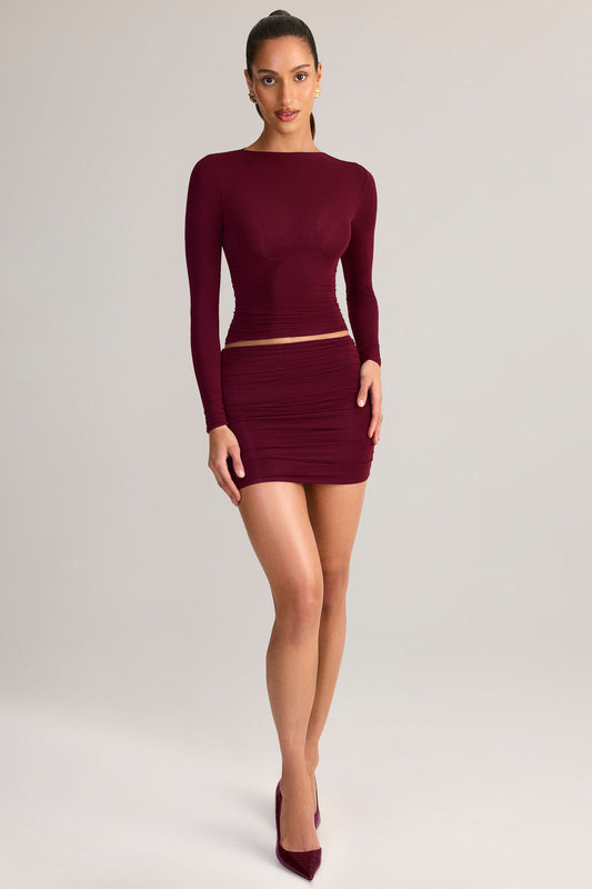 Modal Ruched Mid-Rise Mini Skirt in Wine Red