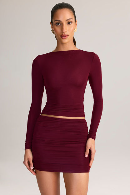 Modal Ruched Mid-Rise Mini Skirt in Wine Red