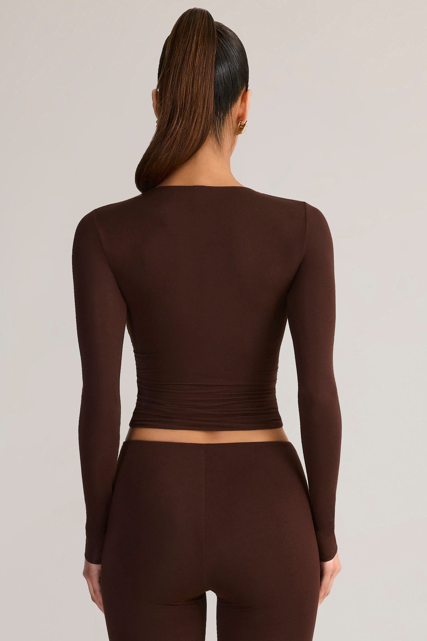 Modal Ruched Long-Sleeve Top in Chocolate Brown