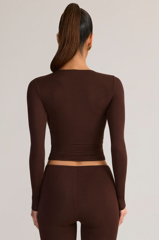 Modal Ruched Long-Sleeve Top in Chocolate Brown