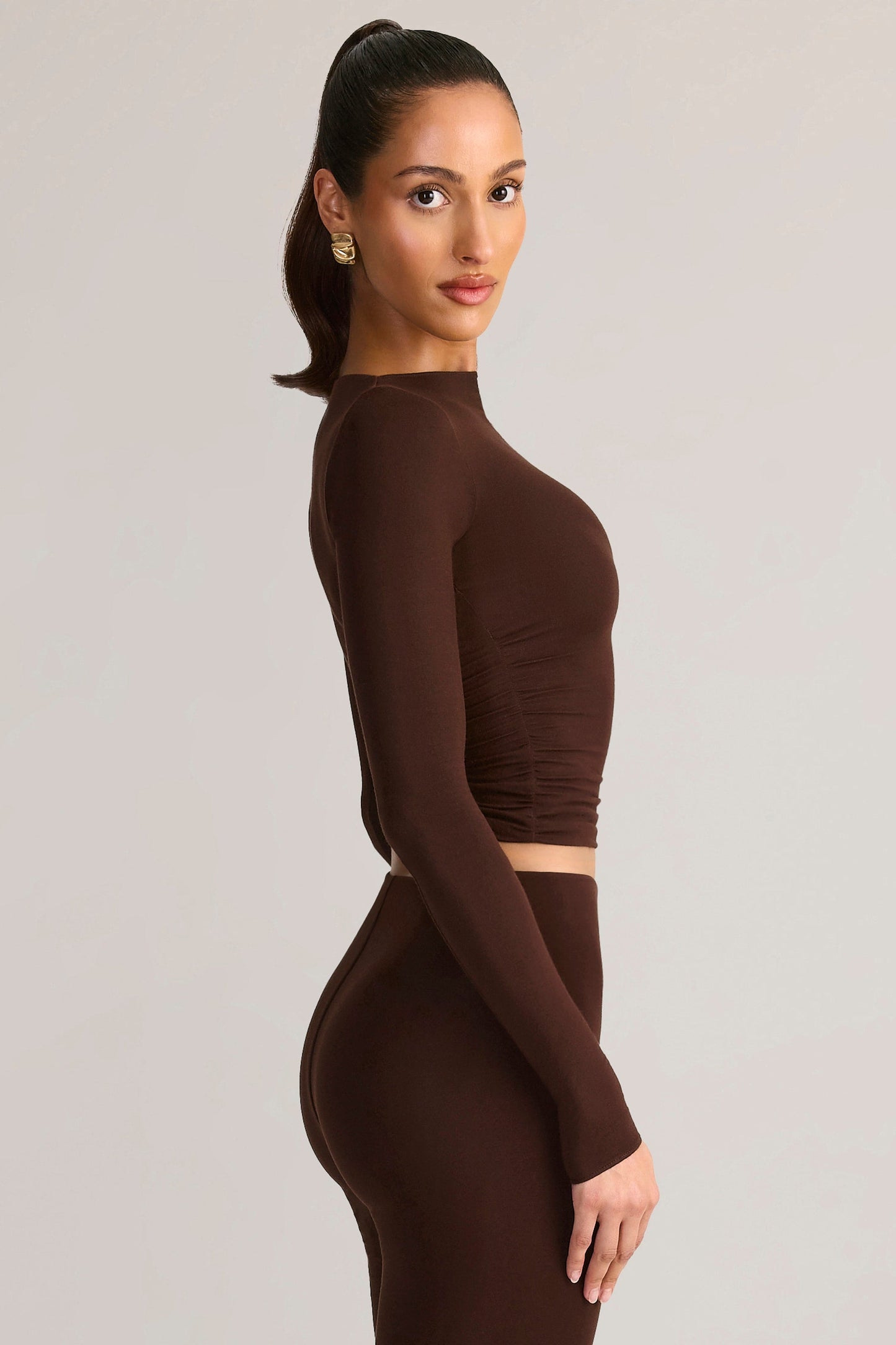 Modal Ruched Long-Sleeve Top in Chocolate Brown