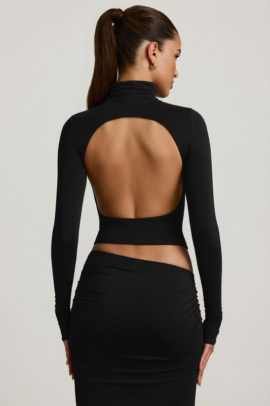 Modal Ruched Backless Turtleneck Top in Black