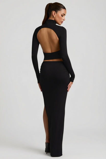 Modal Ruched Backless Turtleneck Top in Black