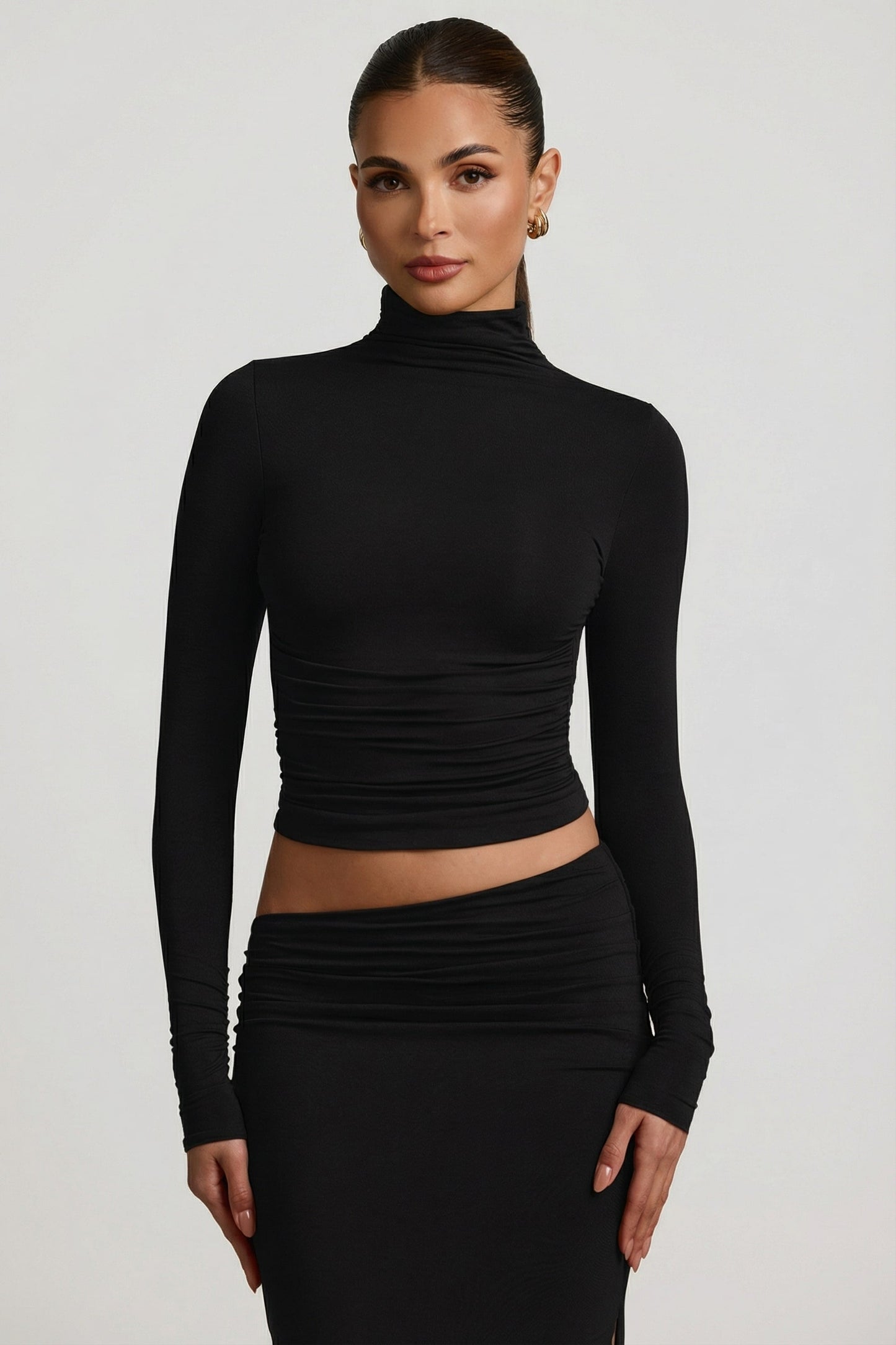 Modal Ruched Backless Turtleneck Top in Black